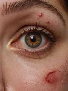 Фото тату на лице: крупный план глаза с повреждением кожи вокруг, выполненный в реалистичном стиле с акцентом на детали.