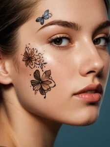 Фото тату с изображением бабочек и цветов на лице. Татуировка выполнена в минималистичном стиле тонкими черными линиями.