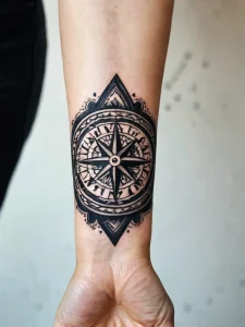 Фото тату: татуировка компаса в стиле blackwork на запястье. Четкие линии и геометрический дизайн.