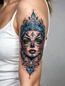 Фото тату: красочная татуировка в стиле Sugar Skull (Калавера) на плече. Детализированный рисунок с использованием ярких цветов и узоров.