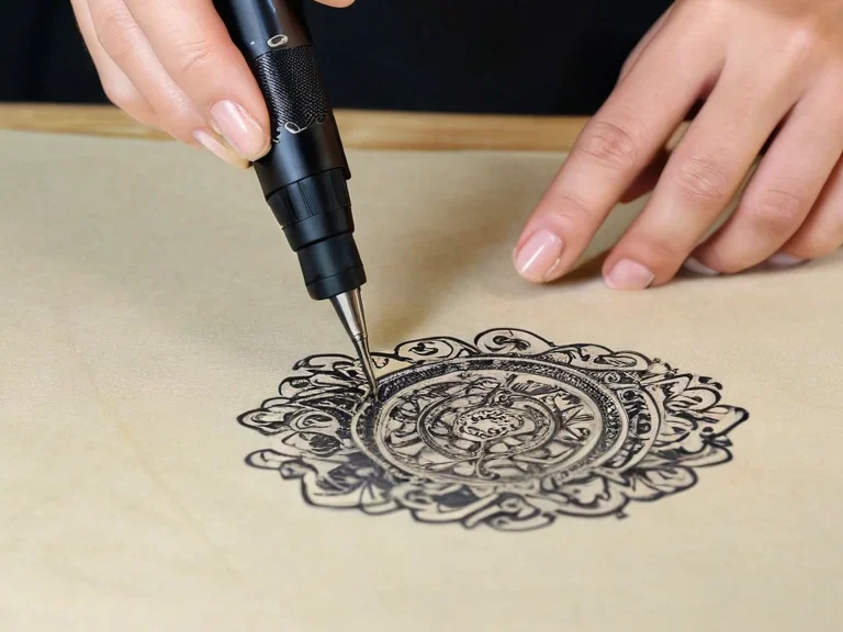 Фотореалистичное изображение процесса ухода и обслуживания роторной «pen» тату-машинки, с инструментами и принадлежностями на рабочем столе мастера.