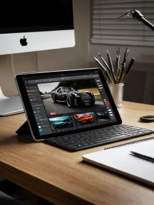 Фотография рабочего места дизайнера татуировок с iPad Pro, на котором отображается эскиз черного спортивного автомобиля. Современные технологии в создании тату.
