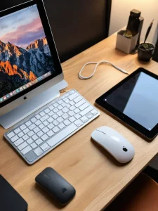 Фотография рабочего места тату-мастера с iMac, клавиатурой, мышью и планшетом.