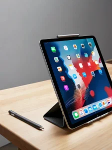 Фотография iPad Pro с Apple Pencil, используемого для цифрового рисования. На экране множество иконок приложений.