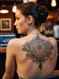 Фото тату: большая мандала на спине девушки, выполненная в технике blackwork, с множеством мелких деталей и сложным узором.