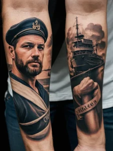 Фотография реалистичной татуировки на руке, изображающей портрет моряка в капитанской фуражке и изображение корабля на фоне моря.