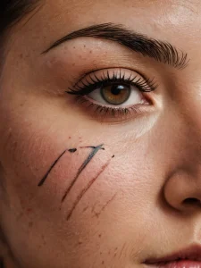 Фото тату эскиза на лице женщины, выполненного черными линиями и штрихами. Изображение демонстрирует предварительный набросок рисунка татуировки.