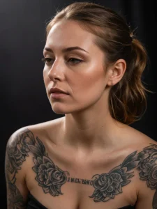 Фото тату с изображением пионов на груди и плечах, выполненное в технике blackwork с высокой детализацией и плавными переходами.