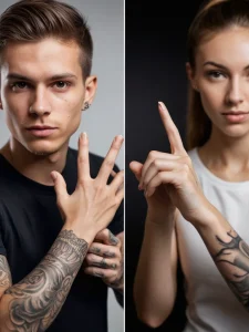 Фотография пары, демонстрирующей татуировки на руках. Подчеркивает стиль, индивидуальность и общие интересы.