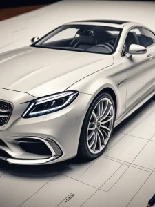 Фотография белого Mercedes-Benz с элегантным дизайном и стильными колесами. Акцент на передней части автомобиля, фарах и решетке радиатора. Роскошный и современный стиль.