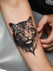 Фото тату: реалистичное изображение головы тигра в черно-белой гамме на руке мужчины. Детализированный рисунок с выразительными глазами.