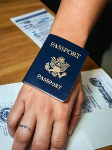 Фото тату на руке: изображение обложки паспорта США в синих тонах, выполненное в минималистичном стиле.