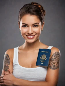 Улыбающаяся девушка с татуировками на руках, держащая паспорт, символизирующая путешествия и свободу.