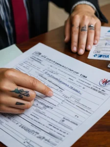 Фотография рук, заполняющих документы, с татуировками на руках. Изображение символизирует бюрократию, формальности и рутинную работу.