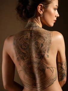 Фото тату на спине: большая татуировка, покрывающая всю спину, с изображением сложного орнамента и мистических символов. Впечатляющий и детализированный рисунок татуировки.
