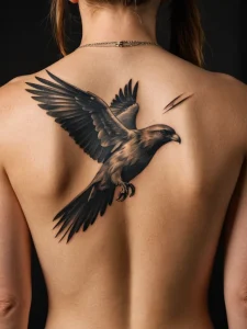 Фото тату: большая татуировка черного ворона с расправленными крыльями на спине человека. Детализированный и реалистичный рисунок.