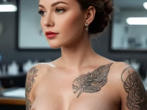 Фотография татуировки с изображением бабочки на груди женщины. Рисунок выполнен в черно-белых тонах с высокой детализацией и реалистичными тенями.