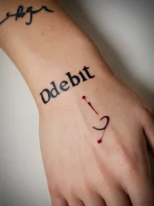 Простая черно-белая татуировка надписи "odebit" и красной линии на руке человека. Минималистичный стиль.