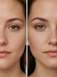 Фотография демонстрирует сравнение кожи лица до и после косметической процедуры. Видны улучшения в текстуре и тоне кожи.