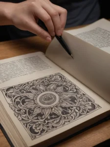 Стопка книг по татуировке с открытой страницей, символизирующая фундаментальные знания и секреты от опытных мастеров.