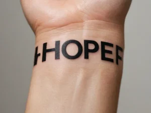 Простая черная татуировка надписью 'HOPE' на запястье. Минималистичный дизайн, четкие линии, вдохновляющий смысл.