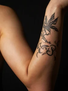 Фотография татуировки цветка на локте. Черно-белый рисунок с изящными линиями и детально прорисованными лепестками и листьями.