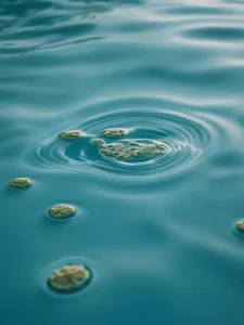 Изображение свежей татуировки на руке, погруженной в мутную воду, символизирующую различные водоемы (бассейн, море, озеро), подчеркивает риски заражения из-за бактерий в воде.