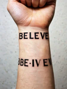 Фото татуировки с надписью 'Believe' на запястье, выполненной в простом и лаконичном стиле. Символизирует веру в себя и свои силы.