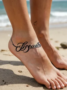 Фото минималистичной татуировки с надписью 'Breathe' на лодыжке. Идеально для тех, кто ценит простоту и вдохновляющие слова.