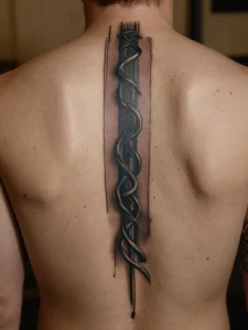 Фото тату: длинная татуировка в стиле blackwork, расположенная вдоль позвоночника. Черные линии, геометрические узоры и абстрактные формы.