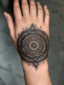 Фото тату на руке: детальная мандала, выполненная в технике dotwork. Черно-белый рисунок татуировки с геометрическими узорами.