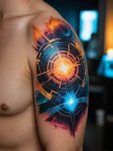 Фото тату: Яркая и красочная татуировка в стиле космос на плече, с изображением галактики, звезд и геометрических фигур.