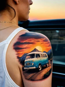 Фото тату на спине с изображением классического Volkswagen Transporter на фоне заката, выполненное в реалистичном стиле с использованием теплых оттенков.
