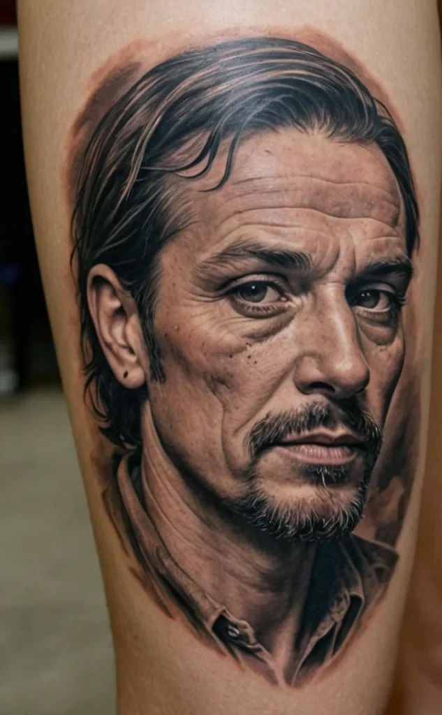 Фото тату: реалистичный портрет мужчины с усами и бородой, выполненный в черно-серых тонах, расположен на руке.