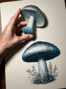 Фото эскиза тату: мухоморы, рука, карандашный рисунок, детализированный эскиз, сказочная тематика.