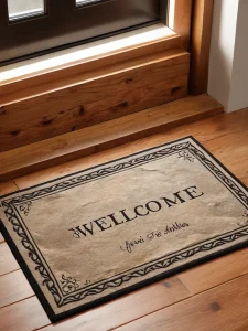 Фото тату демонстрирует приветственный коврик с надписью "WELCOME" в тату-стиле. Видны декоративные элементы и узоры.