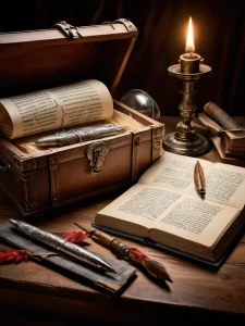 Фото тату эскиза в стиле старинных сокровищ: сундуки, книги, свеча и пергамент. Идеально для любителей мистики и истории.