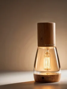 Фотография стильной лампы с деревянным основанием и стеклянным абажуром, внутри которого видна лампочка Эдисона.