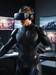 Фотография мужчины в футуристическом костюме и VR-гарнитуре, погруженного в виртуальную реальность. На заднем плане видны мониторы с игровым окружением.