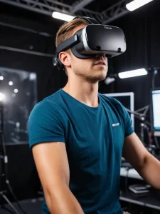 Фото мужчины в VR-очках, погруженного в виртуальную реальность. Современные технологии в тату-индустрии.