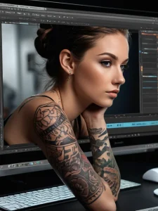 Фотография девушки, работающей за компьютером, с детализированными татуировками на руках и шее. Подходит для поиска идей тату в сочетании с профессией.