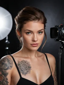 Фотография привлекательной девушки с татуировкой розы на плече, выполненной в технике black and grey. Идеально для поиска идей женских тату.