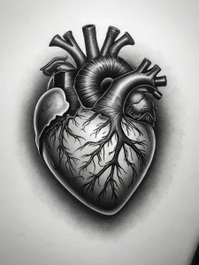 Фото реалистичной татуировки человеческого сердца. Детально проработанные сосуды и анатомические особенности.