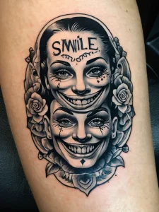 Винтажная татуировка "Smile Now, Cry Later" в стиле олдскул, отражающая историческое происхождение символики, выполненная в реалистичной манере.