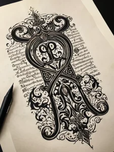 Детальный эскиз татуировки, изображающий готический крест, украшенный сложными узорами и каллиграфическими надписями. Идеально для любителей темной эстетики.