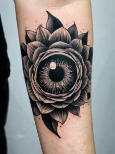 Фото тату в стиле blackwork: цветок лотоса, в центре которого расположен человеческий глаз. Татуировка выполнена на руке.