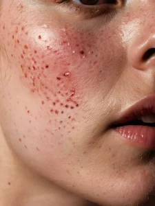 Крупный план кожи лица с воспалением и покраснениями. Фотография для мастеров тату, демонстрирующая состояние кожи, при котором нанесение татуировки не рекомендуется.