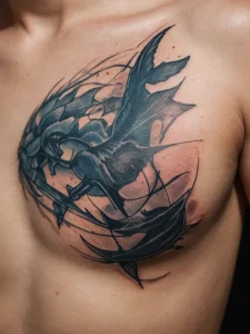 Фото тату: реалистичное изображение ворона в полете с акварельными брызгами на груди мужчины. Черно-серые тона и динамичная композиция.