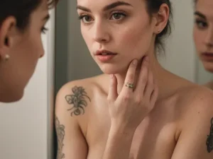 Фотография девушки с татуировкой на ключице в виде нежных цветов. Видно отражение в зеркале.