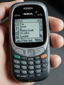 Фотография татуировки на руке в виде старого телефона Nokia, с отображением экрана и клавиатуры. Символизирует ностальгию и связь с прошлым.